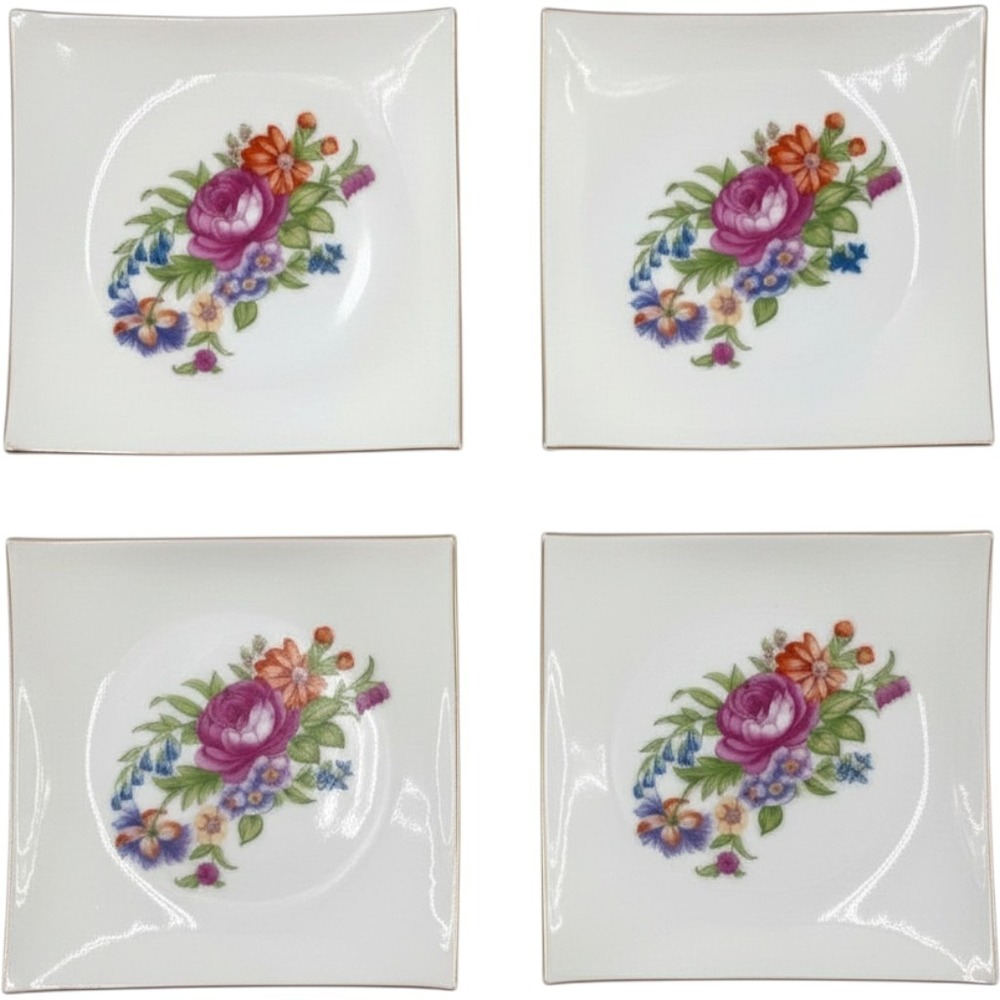 Porcelain Floral Butter Pat Trinket Dish x4 Rose Floral Gold Trim Japan  3.5 in